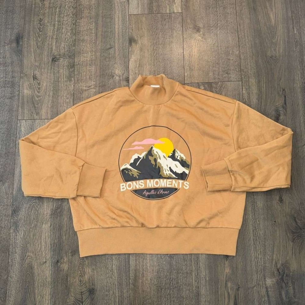NWT H&M Brown Mountain Graphic Sweatshirt Women's sz M Mock Neck Fleece Pullover